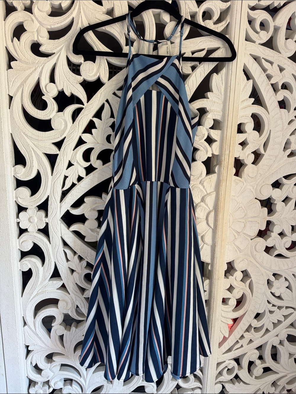 Greylin Striped Crisscross Halter Midi Dress Sz S